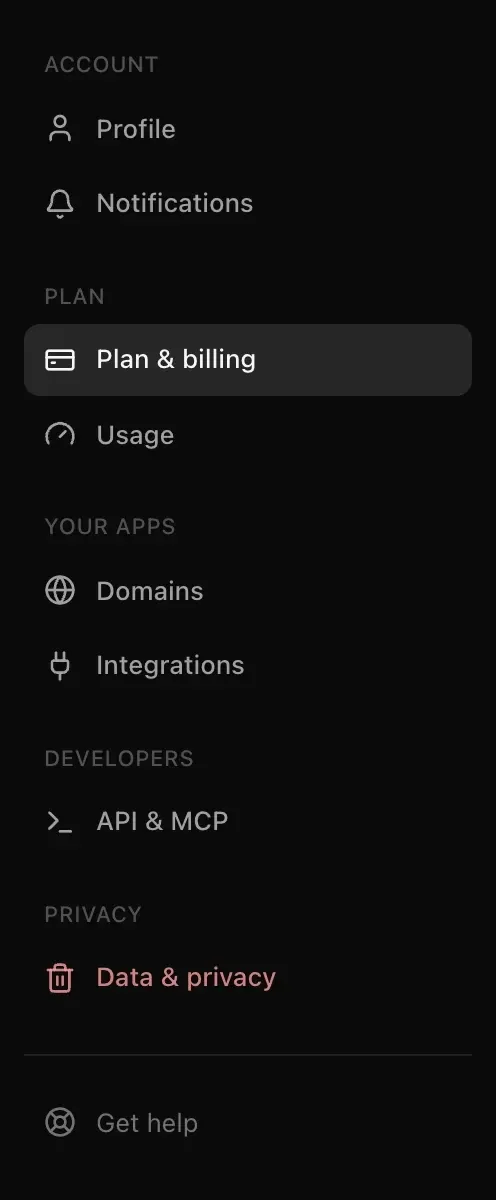 The Settings navigation: Profile, Notifications, Plan & billing, Usage, Domains, Integrations, API & MCP, Data & privacy and Get help