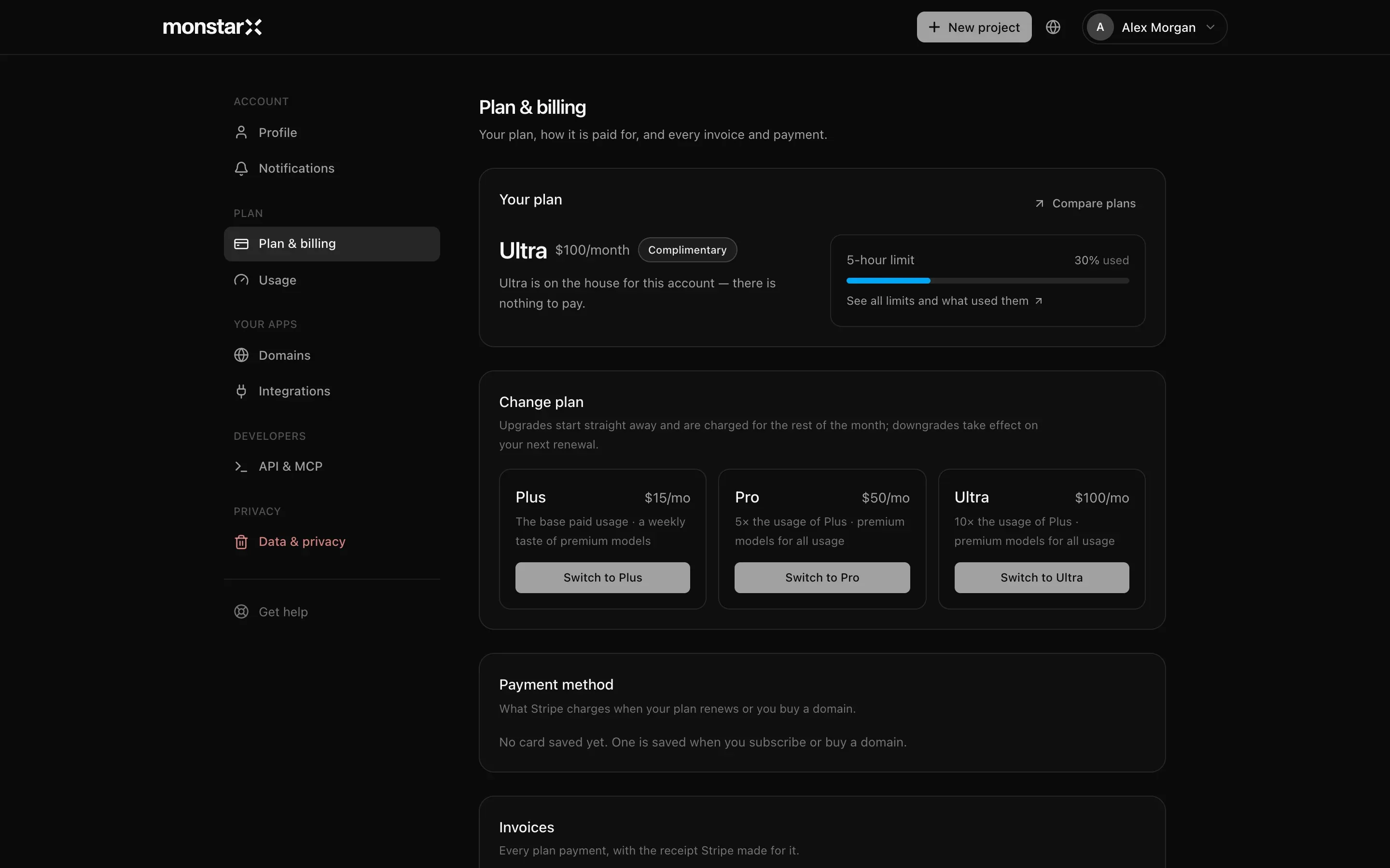 Settings open on Plan & billing, with the sections Account, Plan, Your apps, Developers and Privacy listed down the left
