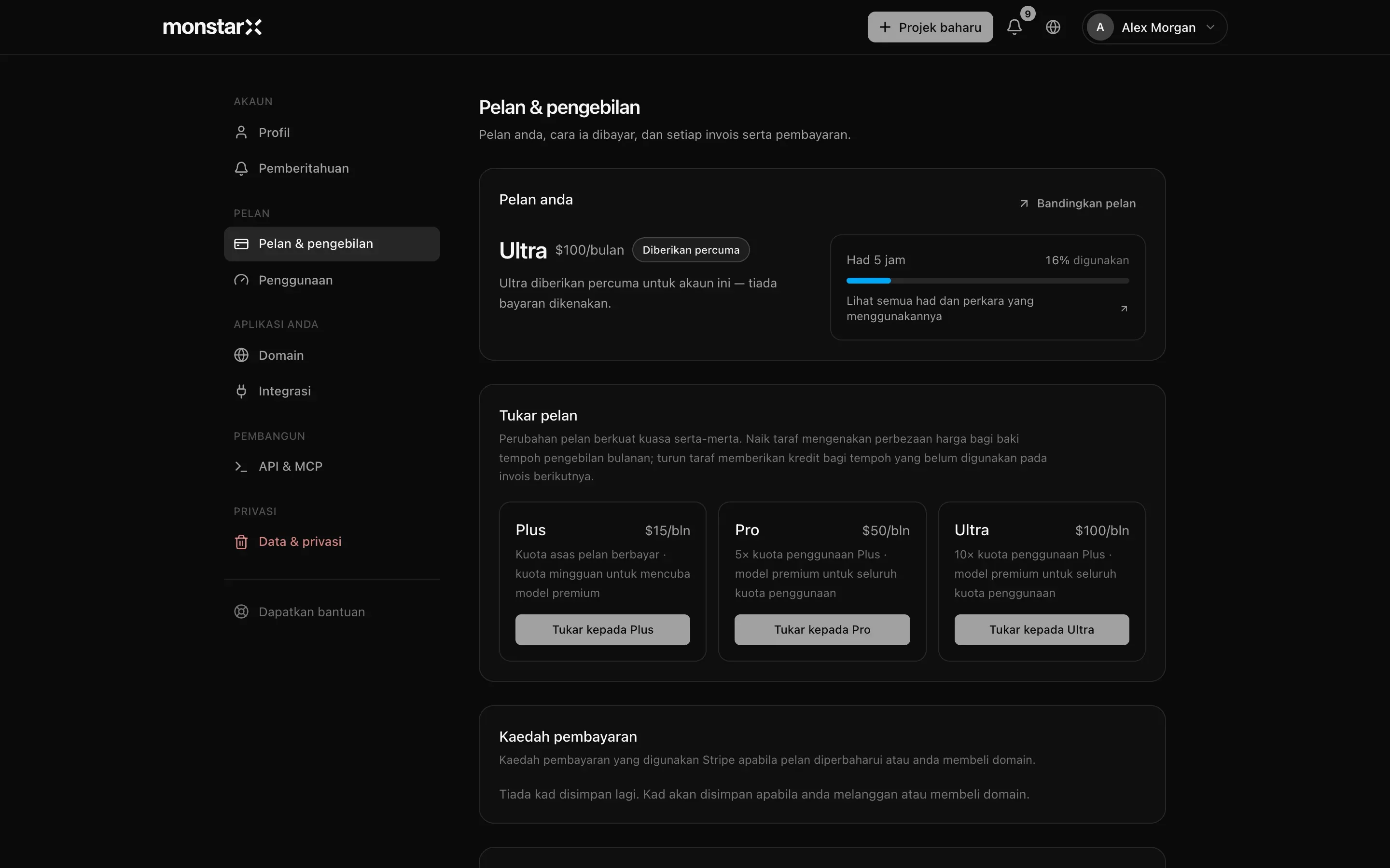 Tetapan dibuka pada Pelan & pengebilan, dengan bahagian Akaun, Pelan, Aplikasi anda, Pembangun dan Privasi disenaraikan di sebelah kiri