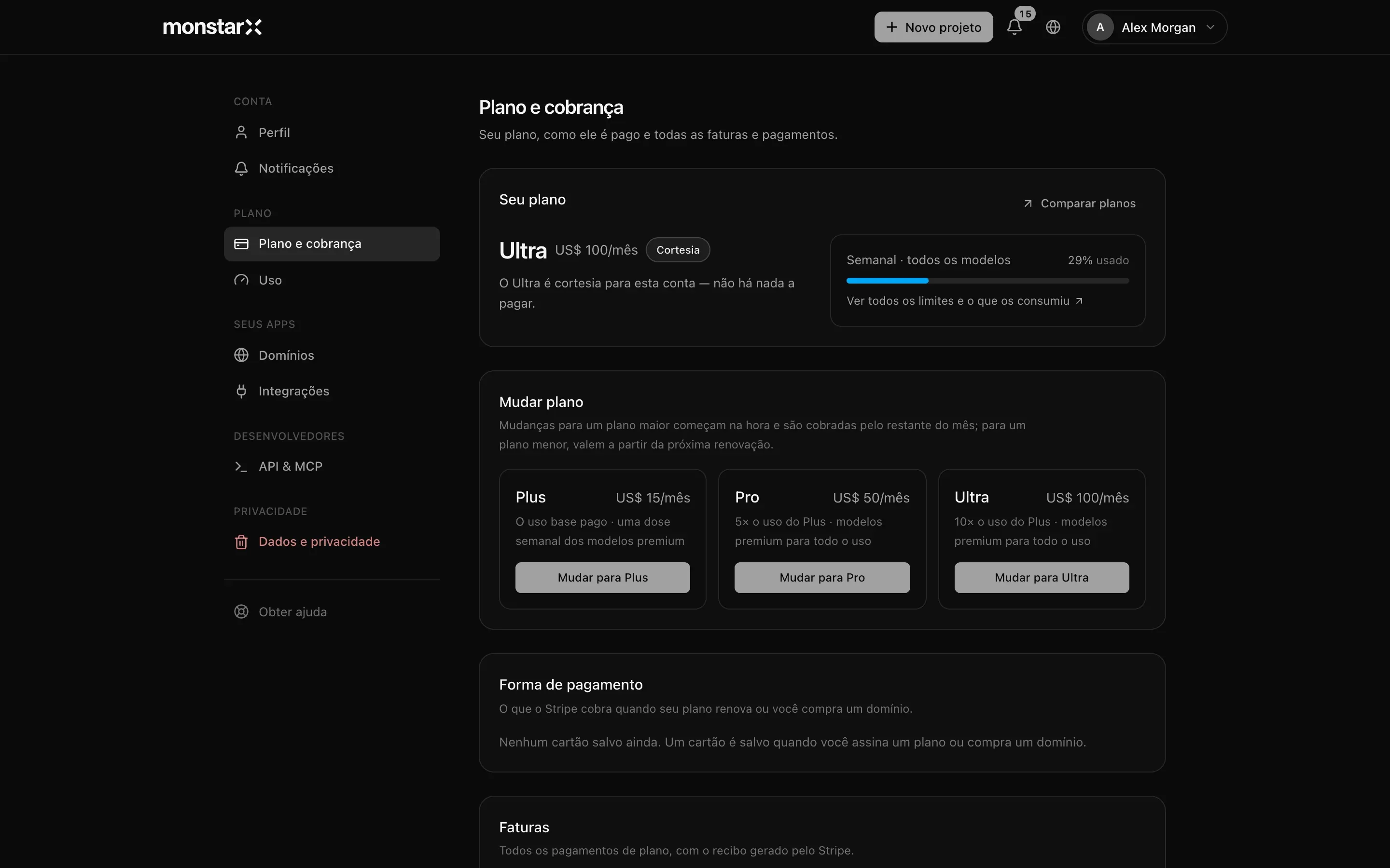 Configurações abertas em Plano e cobrança, com as seções Conta, Plano, Seus apps, Desenvolvedores e Privacidade listadas à esquerda