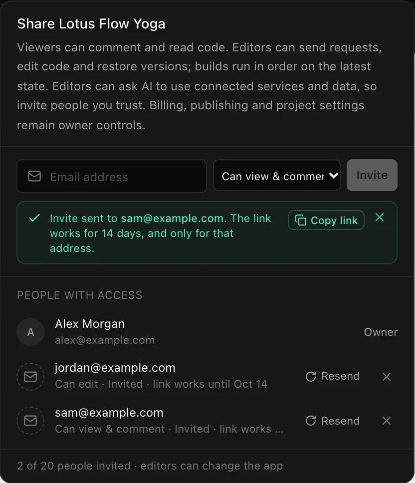 After inviting: a green note Invite sent to sam@example.com. The link works for 14 days, and only for that address, with a Copy link button. People with access lists jordan@example.com, Can edit, Invited, and sam@example.com, Can view & comment, Invited, each with Resend and a withdraw button