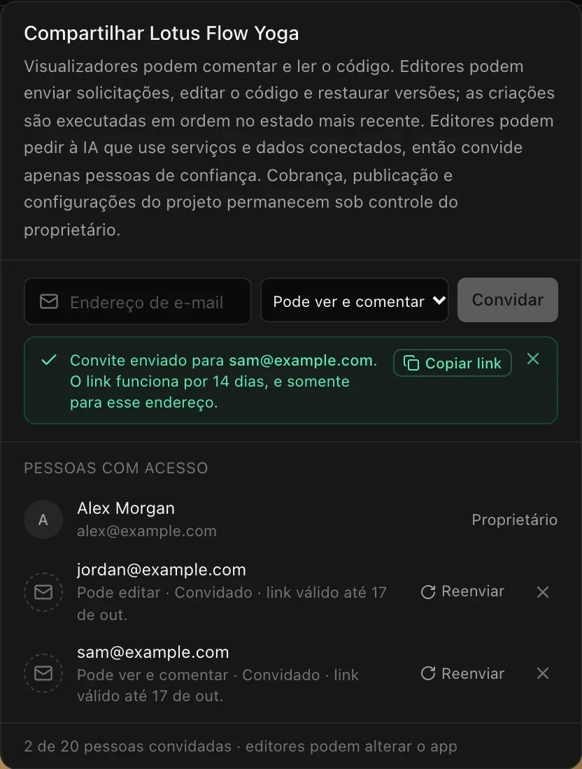 Depois do convite: um aviso verde Convite enviado para sam@example.com. O link funciona por 14 dias, e somente para esse endereço, com um botão Copiar link. Pessoas com acesso lista Alex Morgan, Proprietário, depois jordan@example.com, Pode editar, Convidado, link válido até 17 de out., e sam@example.com, Pode ver e comentar, Convidado, link válido até 17 de out., cada convite com Reenviar e um botão para cancelá-lo