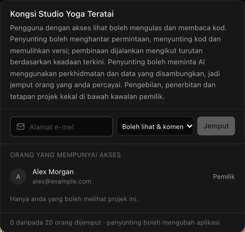 Menu Kongsi Studio Yoga Teratai: penerangan tentang akses lihat & komen dan akses menyunting, medan alamat e-mel, pilihan akses Boleh lihat & komen, butang Jemput, dan senarai orang yang mempunyai akses dengan Alex Morgan sebagai Pemilik