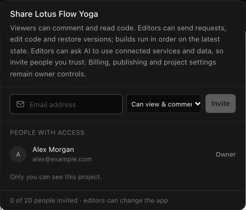 The Share menu for Lotus Flow Yoga: an explanation of viewers and editors, an Email address field, the access choice Can view & comment, an Invite button, and People with access listing Alex Morgan as Owner
