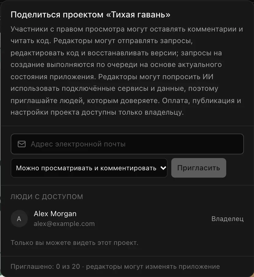 Меню «Поделиться проектом «Тихая гавань»»: объяснение прав участников и редакторов, поле «Адрес электронной почты», выбор доступа «Можно просматривать и комментировать», кнопка «Пригласить» и список «Люди с доступом», где Alex Morgan — владелец