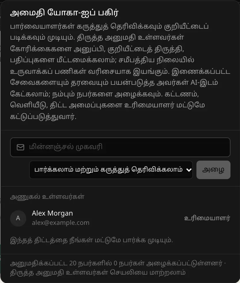அமைதி யோகா-க்கான பகிர் மெனு: பார்வையாளர்கள், திருத்த அனுமதி உள்ளவர்கள் பற்றிய விளக்கம், மின்னஞ்சல் முகவரிப் புலம், “பார்க்கலாம் மற்றும் கருத்துத் தெரிவிக்கலாம்” என்ற அணுகல் தேர்வு, அழை பொத்தான், Alex Morgan-ஐ உரிமையாளராகக் காட்டும் அணுகல் உள்ளவர்களின் பட்டியல்
