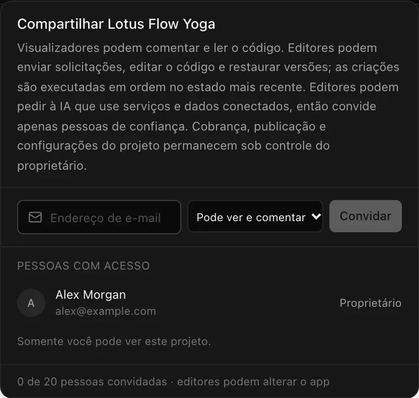 O menu Compartilhar do Lotus Flow Yoga: uma explicação sobre visualizadores e editores, um campo Endereço de e-mail, a opção de acesso Pode ver e comentar, um botão Convidar e Pessoas com acesso, com Alex Morgan como Proprietário