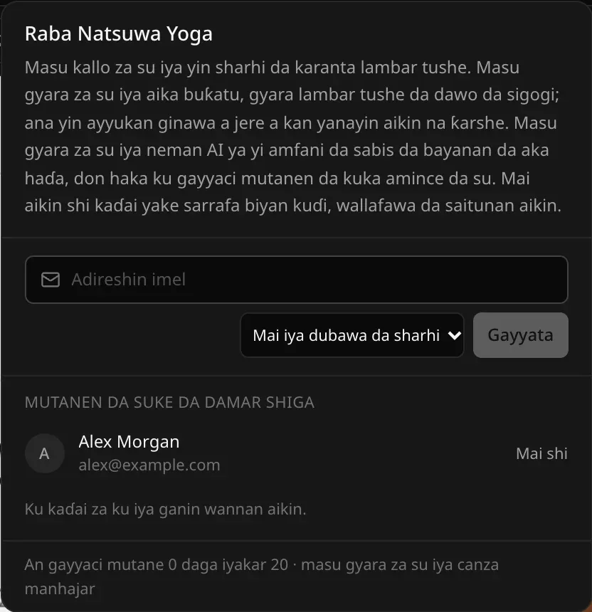 Menu na Raba Natsuwa Yoga: bayanin masu kallo da masu gyara, filin Adireshin imel, zaɓin samun dama Mai iya dubawa da sharhi, maɓallin Gayyata, da Mutanen da suke da damar shiga yana jera Alex Morgan a matsayin Mai shi