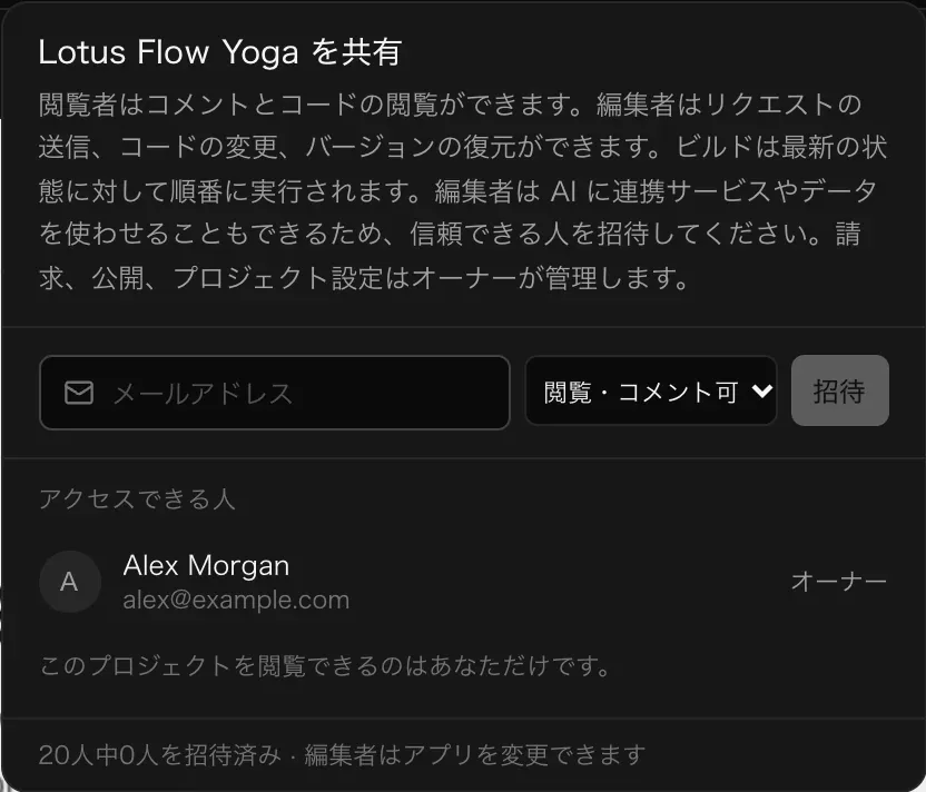 Lotus Flow Yoga の共有メニュー。閲覧者と編集者の説明、メールアドレスの入力欄、権限の選択（閲覧・コメント可）、招待ボタン、アクセスできる人に Alex Morgan がオーナーとして表示されている
