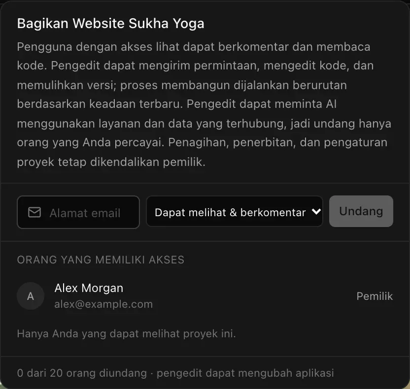 Menu Bagikan untuk Website Sukha Yoga: penjelasan tentang akses lihat dan pengedit, kolom Alamat email, pilihan akses Dapat melihat & berkomentar, tombol Undang, dan Orang yang memiliki akses berisi Alex Morgan sebagai Pemilik