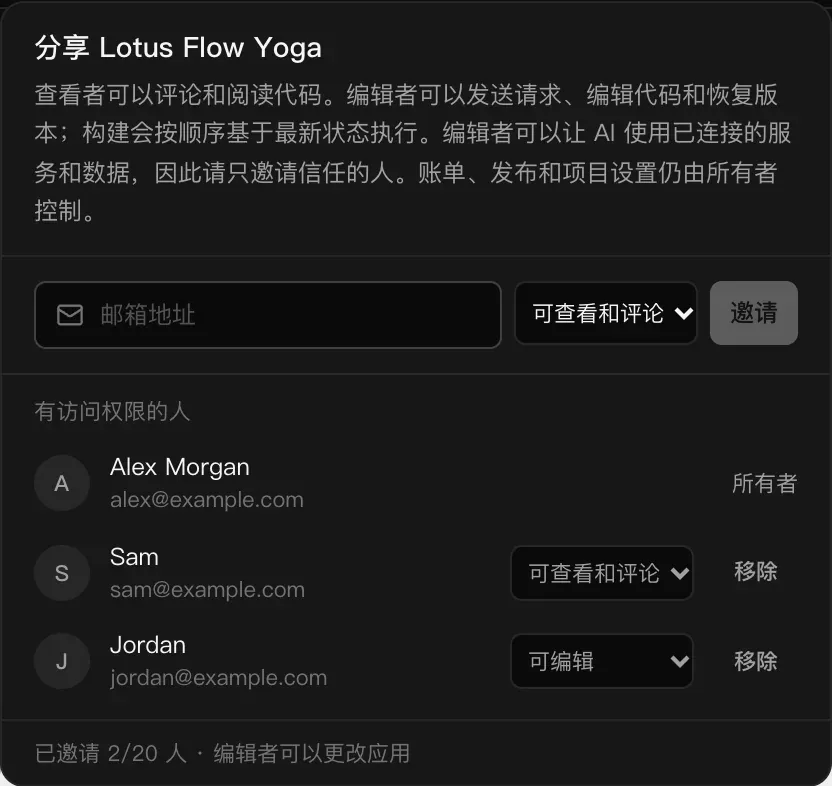 有访问权限的人：Alex Morgan，所有者；Sam，sam@example.com，可查看和评论，移除；Jordan，jordan@example.com，可编辑，移除