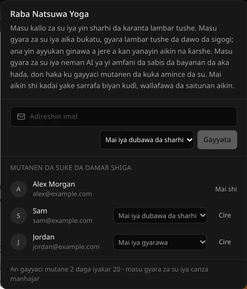 Mutanen da suke da damar shiga: Alex Morgan, Mai shi; Sam, sam@example.com, Mai iya dubawa da sharhi, Cire; Jordan, jordan@example.com, Mai iya gyarawa, Cire