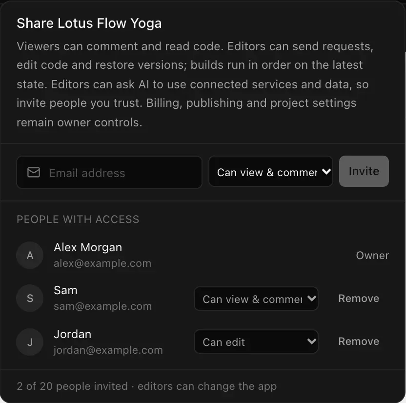 People with access: Alex Morgan, Owner; Sam, sam@example.com, Can view & comment, Remove; Jordan, jordan@example.com, Can edit, Remove