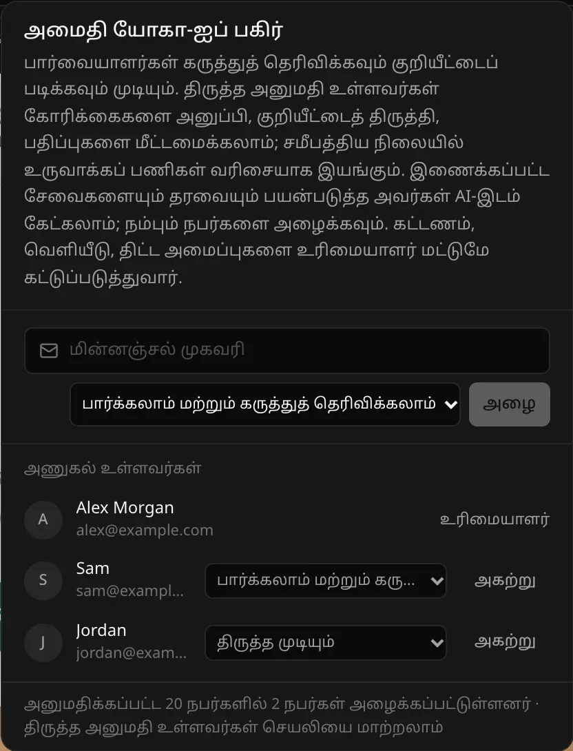 அணுகல் உள்ளவர்கள்: Alex Morgan, உரிமையாளர்; Sam, sam@example.com, பார்க்கலாம் மற்றும் கருத்துத் தெரிவிக்கலாம், அகற்று; Jordan, jordan@example.com, திருத்த முடியும், அகற்று
