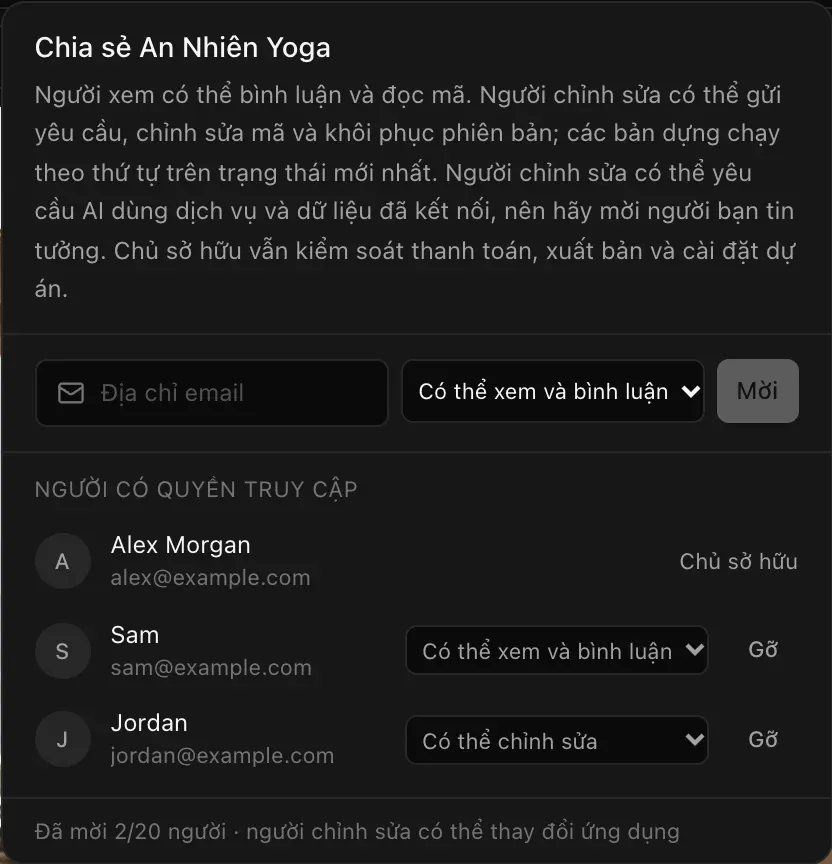 Người có quyền truy cập: Alex Morgan, Chủ sở hữu; Sam, sam@example.com, Có thể xem và bình luận, Gỡ; Jordan, jordan@example.com, Có thể chỉnh sửa, Gỡ