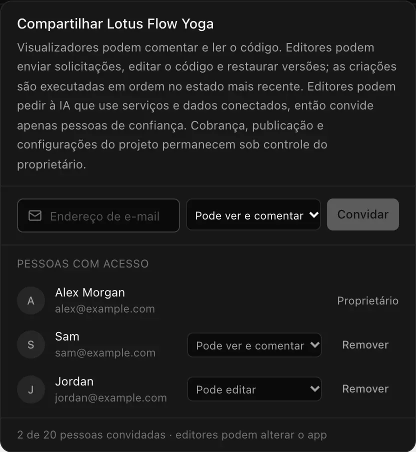 Pessoas com acesso: Alex Morgan, Proprietário; Sam, sam@example.com, Pode ver e comentar, Remover; Jordan, jordan@example.com, Pode editar, Remover