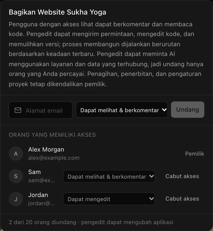Orang yang memiliki akses: Alex Morgan, Pemilik; Sam, sam@example.com, Dapat melihat & berkomentar, Cabut akses; Jordan, jordan@example.com, Dapat mengedit, Cabut akses
