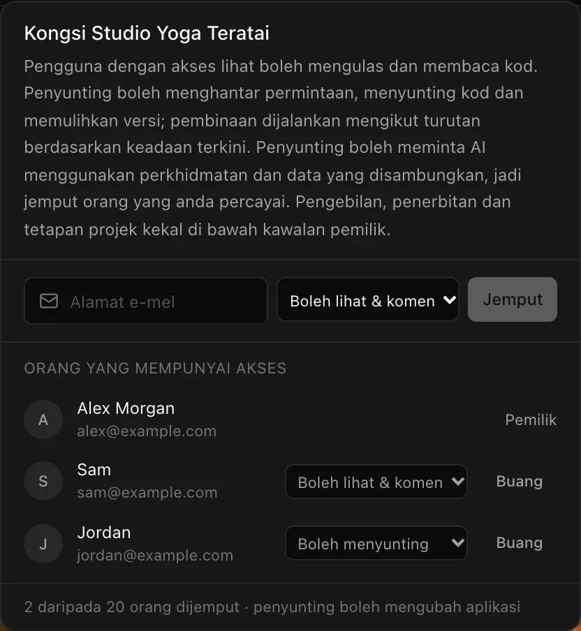 Orang yang mempunyai akses: Alex Morgan, Pemilik; Sam, sam@example.com, Boleh lihat & komen, Buang; Jordan, jordan@example.com, Boleh menyunting, Buang