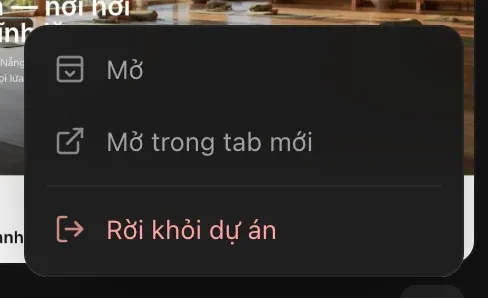Menu ⋯ của một dự án được chia sẻ: Mở, Mở trong tab mới, Rời khỏi dự án