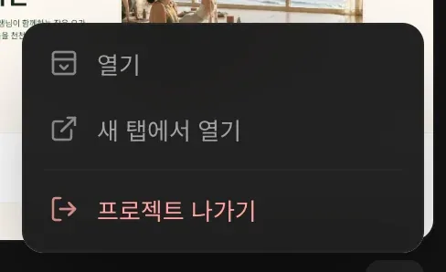 공유받은 프로젝트의 ⋯ 메뉴: 열기, 새 탭에서 열기, 프로젝트 나가기