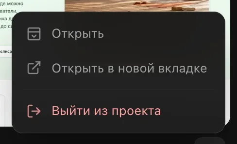 Меню ⋯ общего проекта: «Открыть», «Открыть в новой вкладке», «Выйти из проекта»