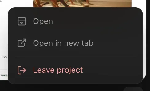 The ⋯ menu of a shared project: Open, Open in new tab, Leave project