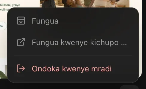 Menyu ya ⋯ ya mradi ulioshirikiwa: Fungua, Fungua kwenye kichupo kipya, Ondoka kwenye mradi