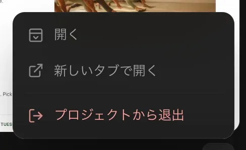 共有されたプロジェクトの ⋯ メニュー。開く、新しいタブで開く、プロジェクトから退出