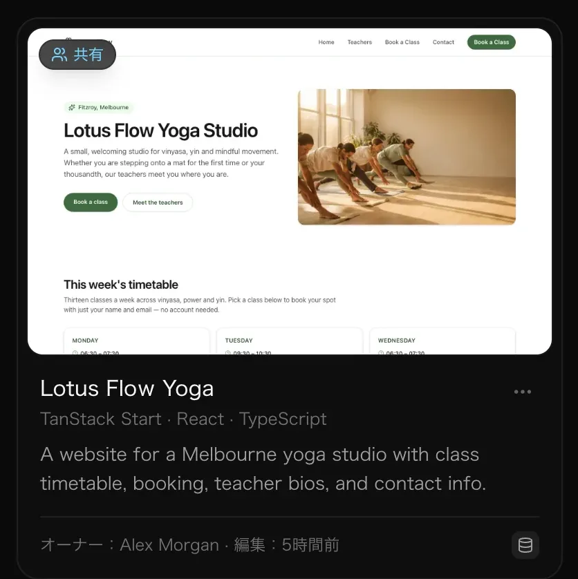 プロジェクトページのプロジェクトカード。共有のバッジ付きで、Lotus Flow Yoga、オーナー：Alex Morgan