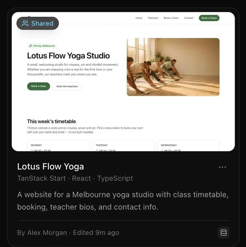 A project card on the Projects page with a Shared badge: Lotus Flow Yoga, By Alex Morgan