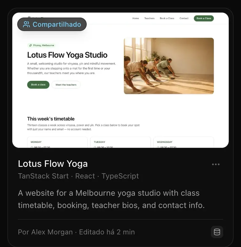 Um cartão de projeto na página Projetos com o selo Compartilhado: Lotus Flow Yoga, Por Alex Morgan
