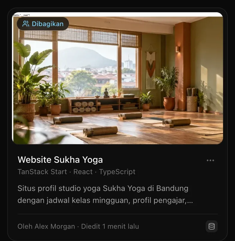 Kartu proyek di halaman Proyek dengan lencana Dibagikan: Website Sukha Yoga, Oleh Alex Morgan
