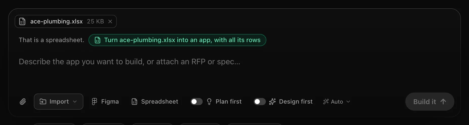 The prompt box with ace-plumbing.xlsx attached, and the offer That is a spreadsheet. Turn ace-plumbing.xlsx into an app, with all its rows
