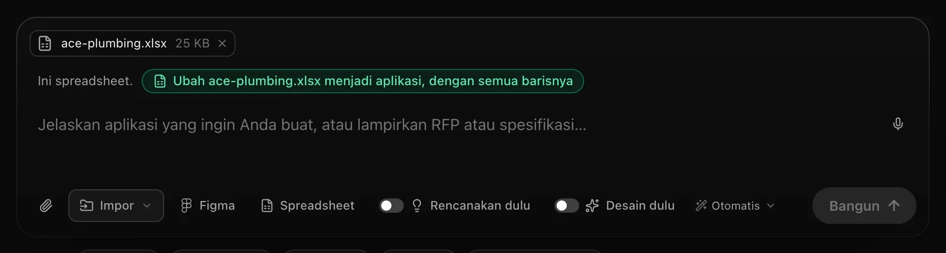 Kotak prompt dengan ace-plumbing.xlsx terlampir, dan tawaran “Ini spreadsheet. Ubah ace-plumbing.xlsx menjadi aplikasi, dengan semua barisnya”