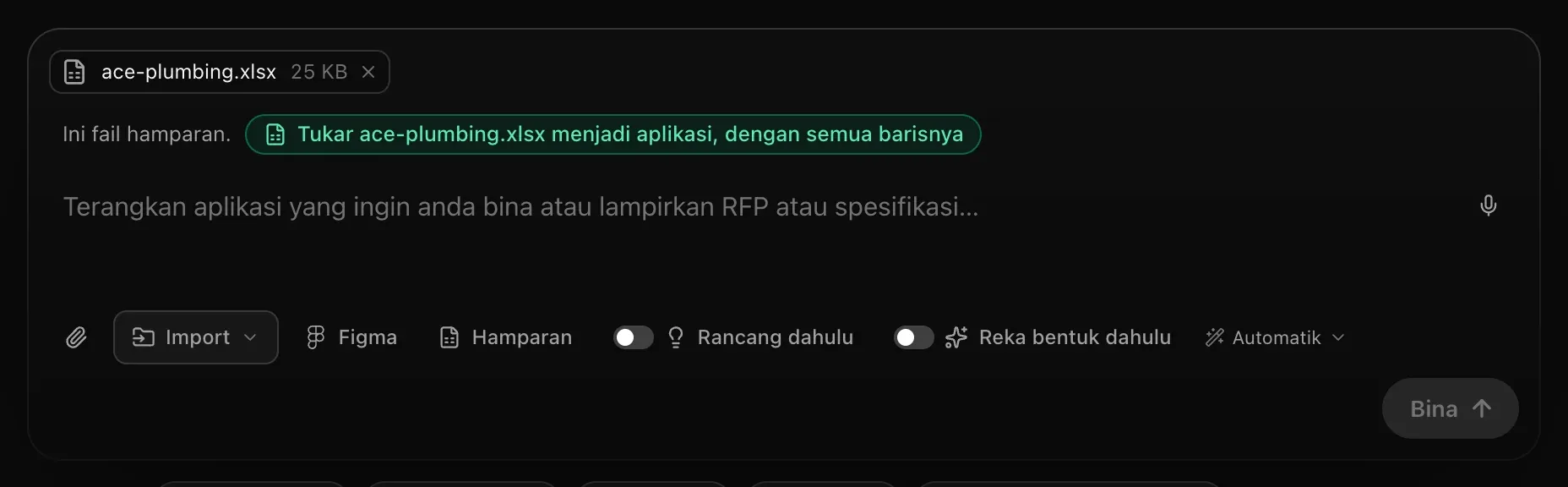 Kotak prom dengan fail hamparan sebuah syarikat paip dilampirkan, dan tawaran Ini fail hamparan. Tukar fail itu menjadi aplikasi, dengan semua barisnya