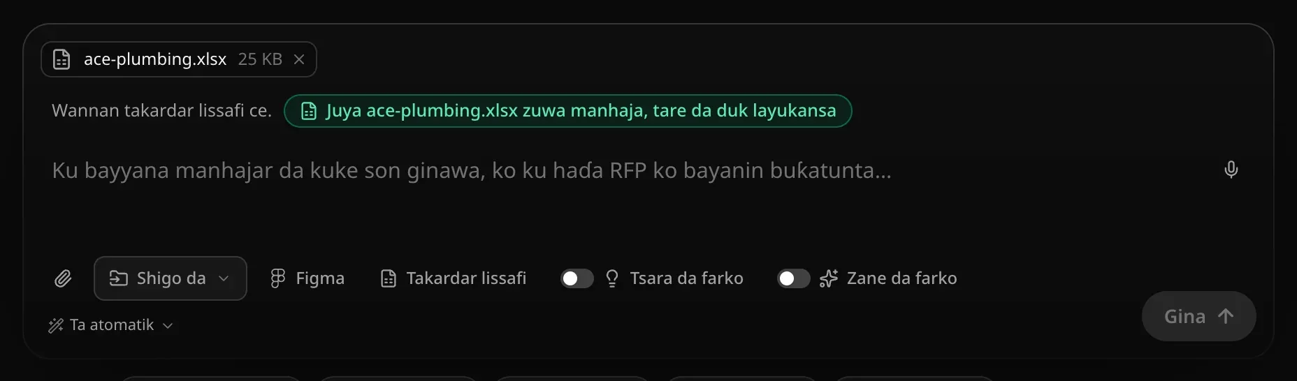 Akwatin rubutu da aka haɗa ace-plumbing.xlsx, tare da tayin Wannan takardar lissafi ce. Juya ace-plumbing.xlsx zuwa manhaja, tare da duk layukansa