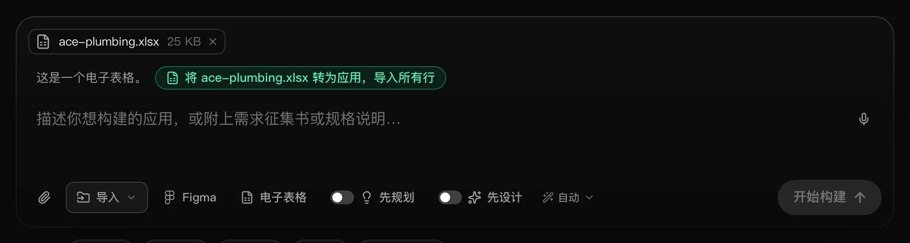 输入框中添加了 ace-plumbing.xlsx，并提示：这是一个电子表格。将 ace-plumbing.xlsx 转为应用，导入所有行