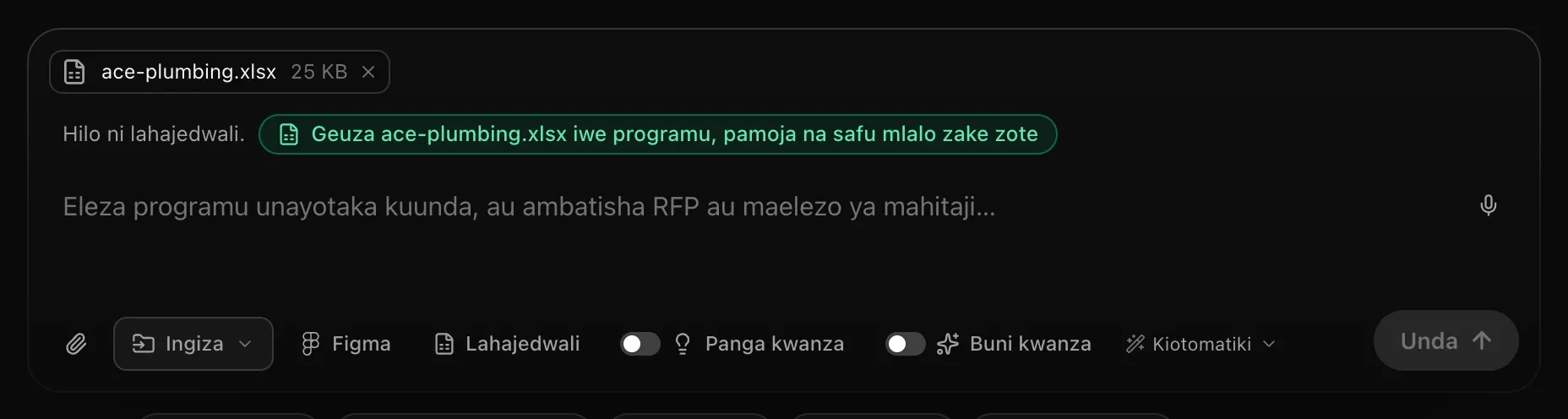 Kisanduku cha ombi chenye ace-plumbing.xlsx kimeambatishwa, na pendekezo Hilo ni lahajedwali. Geuza ace-plumbing.xlsx iwe programu, pamoja na safu mlalo zake zote