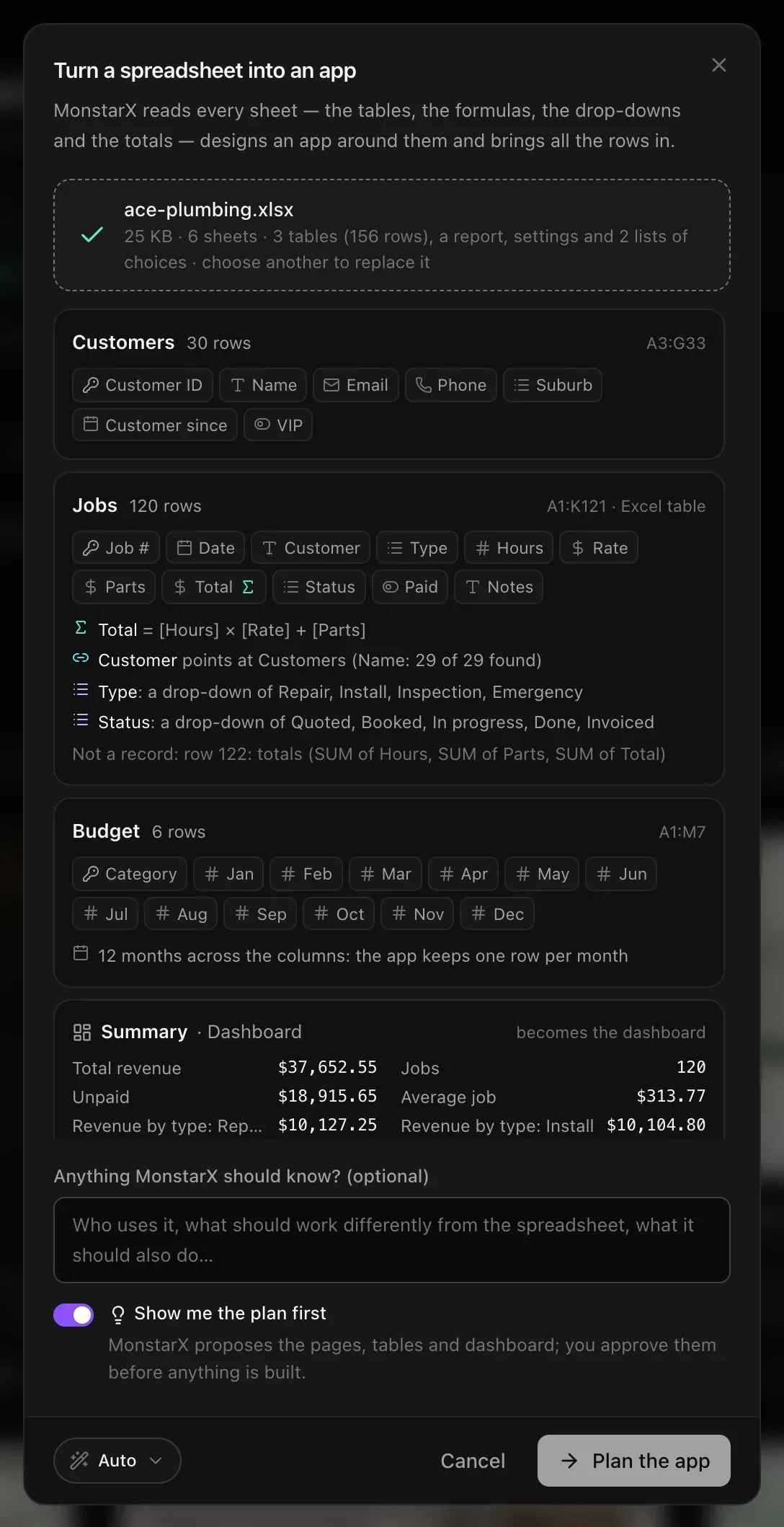 Turn a spreadsheet into an app with ace-plumbing.xlsx read: 25 KB · 6 sheets · 3 tables (156 rows), a report, settings and 2 lists of choices. Customers, Jobs and Budget tables with their columns, the Summary sheet becoming the dashboard, the note box, Show me the plan first switched on and Plan the app