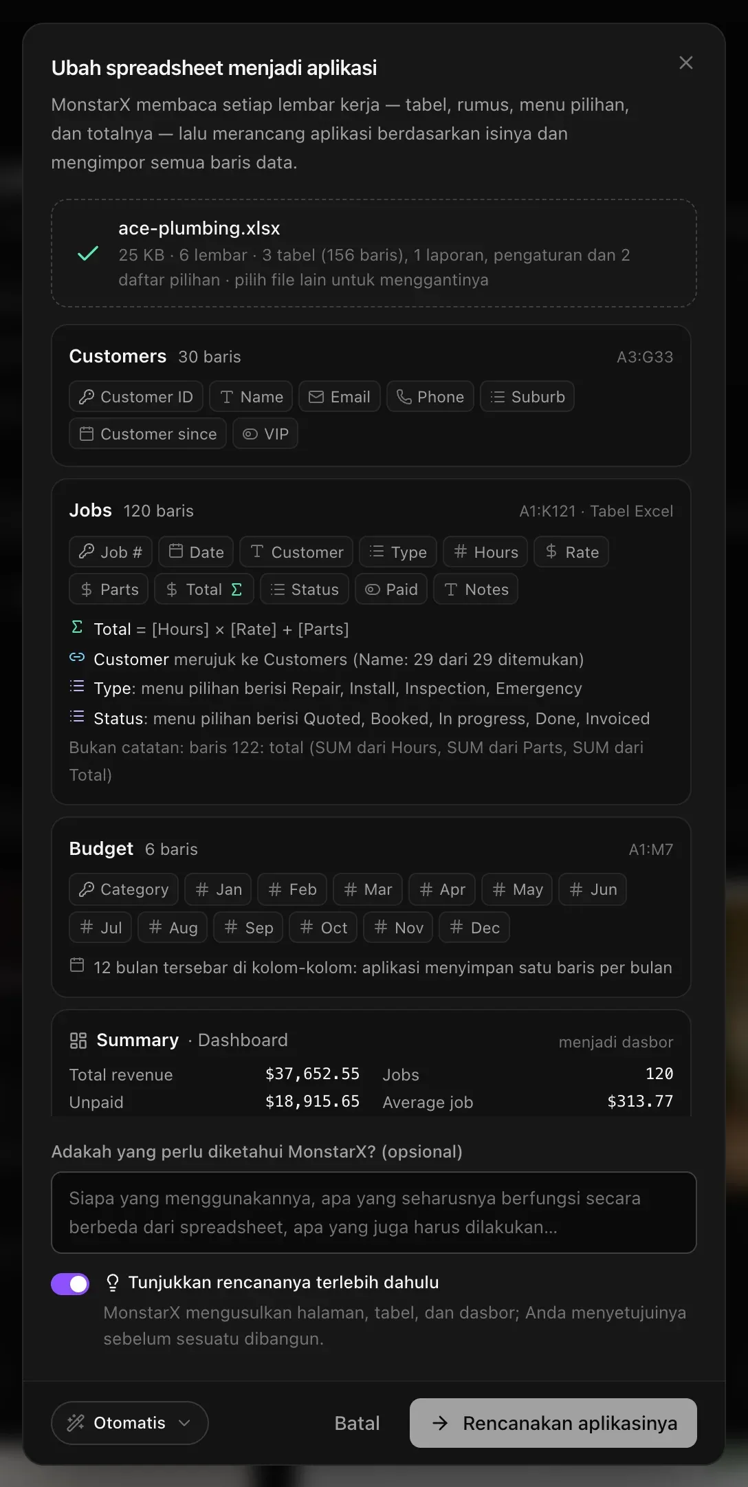 Ubah spreadsheet menjadi aplikasi dengan ace-plumbing.xlsx terbaca: 25 KB · 6 lembar · 3 tabel (156 baris), satu laporan, pengaturan, dan 2 daftar pilihan. Tabel pelanggan, pekerjaan, dan anggaran beserta kolomnya, lembar ringkasan yang menjadi dasbor, kotak catatan, Tunjukkan rencananya terlebih dahulu dalam keadaan aktif, dan Rencanakan aplikasinya