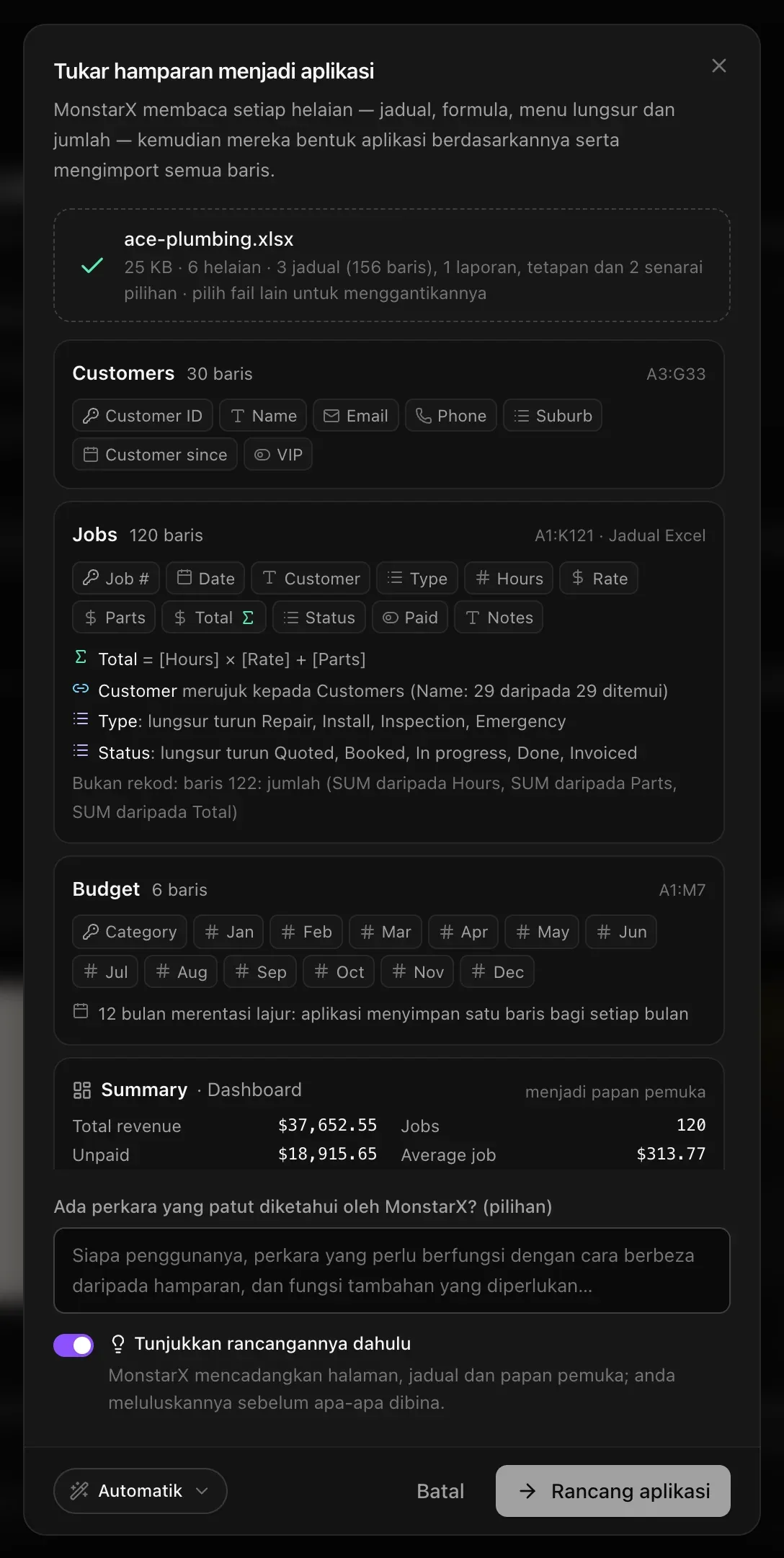 Tukar hamparan menjadi aplikasi dengan fail sebuah syarikat paip sudah dibaca: 25 KB · 6 helaian · 3 jadual (156 baris), satu laporan, tetapan dan 2 senarai pilihan. Jadual Customers, Jobs dan Budget dengan lajurnya, helaian Summary menjadi papan pemuka, kotak nota, Tunjukkan rancangannya dahulu dihidupkan dan Rancang aplikasi