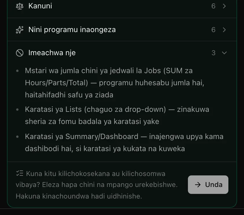 Mwisho wa kadi ya mpango: Kanuni, Nini programu inaongeza, Imeachwa nje — mstari wa jumla, karatasi ya Lists na karatasi ya Summary/Dashboard — na Kuna kitu kilichokosekana au kilichosomwa vibaya? Eleza hapa chini na mpango urekebishwe. Hakuna kinachoundwa hadi uidhinishe. pamoja na Unda
