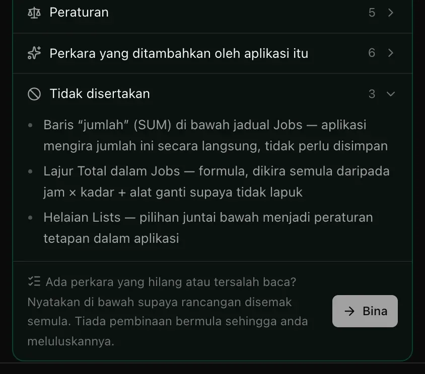 Hujung kad rancangan: Tidak disertakan — baris “jumlah” (SUM) di bawah jadual Jobs, lajur Total dalam Jobs dan helaian Lists — dan Ada perkara yang hilang atau tersalah baca? Nyatakan di bawah supaya rancangan disemak semula. Tiada pembinaan bermula sehingga anda meluluskannya. dengan Bina