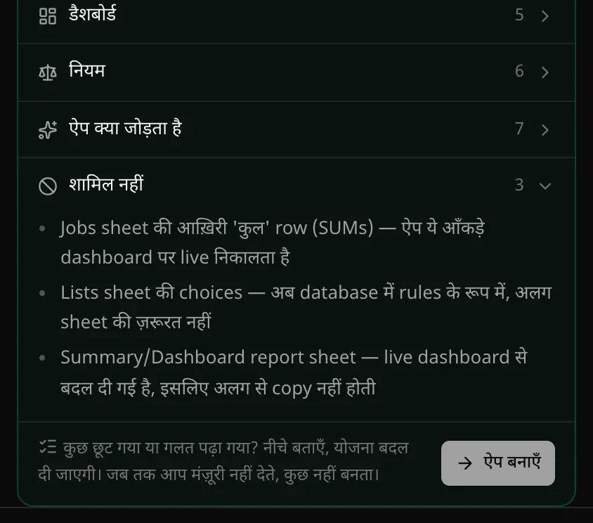 योजना कार्ड का आखिरी हिस्सा: “शामिल नहीं” — योग वाली पंक्ति, Lists शीट और स्थिर Summary शीट — और “कुछ छूट गया या गलत पढ़ा गया? नीचे बताएँ, योजना बदल दी जाएगी। जब तक आप मंज़ूरी नहीं देते, कुछ नहीं बनता।”, साथ में “ऐप बनाएँ”