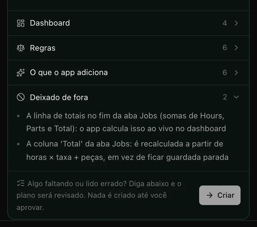 O final do cartão do plano: Dashboard (4), Regras (6), O que o app adiciona (6) e Deixado de fora (2) — a linha de totais no fim da aba Jobs e a coluna Total, que passa a ser calculada a partir de horas × taxa + peças — e Algo faltando ou lido errado? Diga abaixo e o plano será revisado. Nada é criado até você aprovar. com Criar