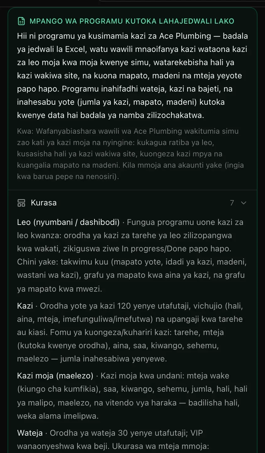 Mpango wa programu kutoka lahajedwali lako: programu ya kusimamia kazi za Ace Plumbing badala ya jedwali la Excel, kwa watu wawili wanaoitumia kwenye simu, ikifunguka kwenye kazi za leo; kisha Kurasa (7) — Leo, Kazi, Kazi moja, Wateja na nyinginezo
