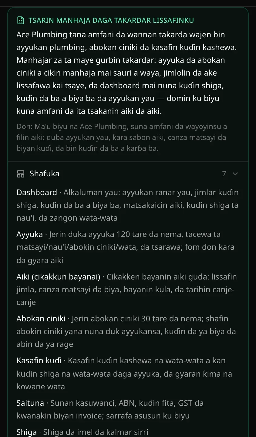 Tsarin manhaja daga takardar lissafinku: Ace Plumbing za ta maye gurbin takardarta da manhaja mai sauri a waya ga mutanen biyu da ke amfani da ita; sannan Shafuka (7) — Dashboard, Ayyuka, Aiki, Abokan ciniki, Kasafin kuɗi, Saituna da Shiga
