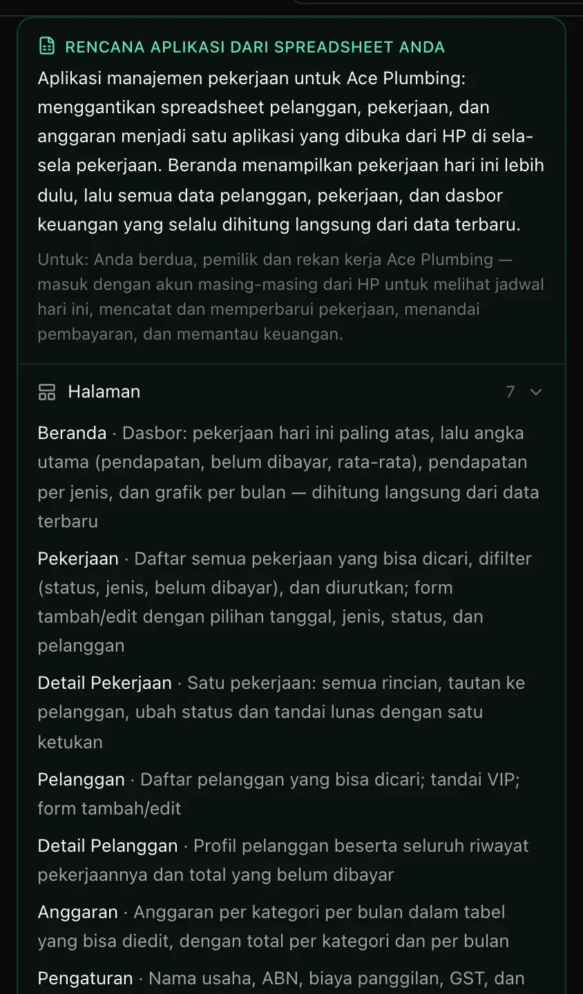 Rencana aplikasi dari spreadsheet Anda: aplikasi manajemen pekerjaan untuk Ace Plumbing yang menggantikan spreadsheet pelanggan, pekerjaan, dan anggaran, dibuka dari HP oleh kedua pemiliknya dengan pekerjaan hari ini lebih dulu; lalu daftar Halaman (7), dari Beranda sampai Pengaturan