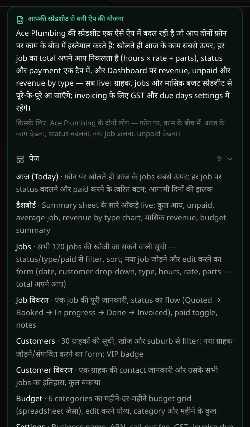 आपकी स्प्रेडशीट से बनी ऐप की योजना: Ace Plumbing की स्प्रेडशीट दो लोगों के फ़ोन पर चलने वाले ऐप में बदल रही है, जो आज के कामों से खुलता है; फिर 9 पेज — आज (Today), डैशबोर्ड, Jobs, Job विवरण, Customers, Customer विवरण, Budget और आगे
