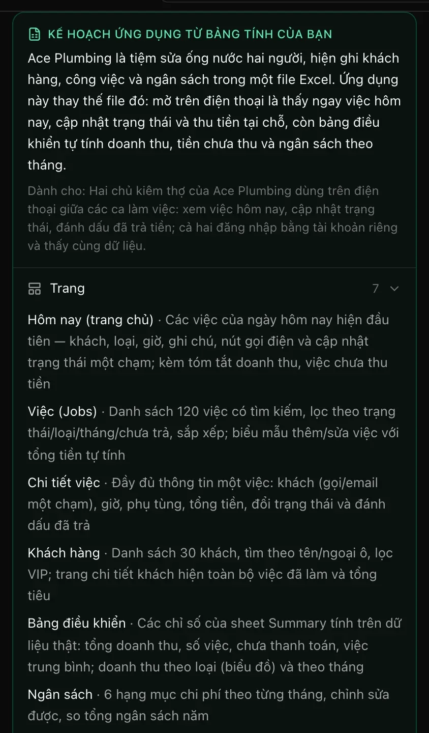 Kế hoạch ứng dụng từ bảng tính của bạn: ứng dụng thay cho file Excel của tiệm sửa ống nước hai người Ace Plumbing, mở trên điện thoại là thấy ngay việc hôm nay; tiếp theo là phần Trang (7) — Hôm nay (trang chủ), Việc (Jobs), Chi tiết việc, Khách hàng, Bảng điều khiển, Ngân sách
